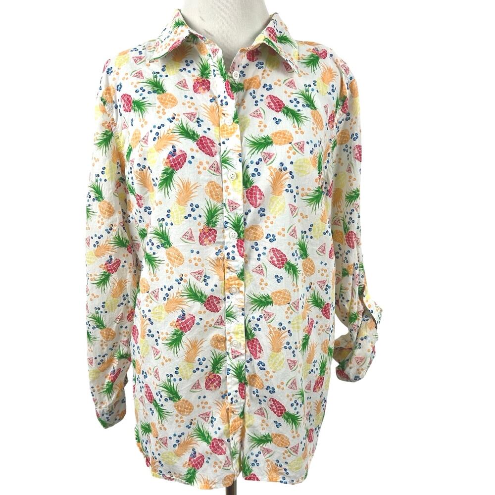 Talbots Petites LP Fruit Print Cotton Button Down Shirt Pineapple Watermelon